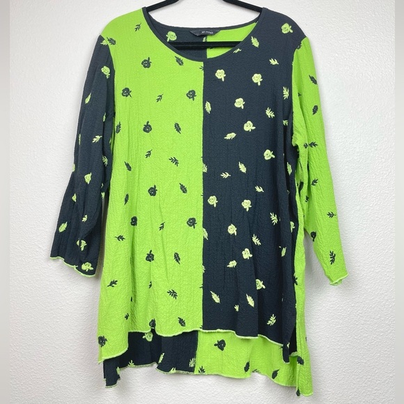 Ali Miles Women's Large Floral Color Block 3/4 Sleeve Tunic Brat Green Apple - Picture 1 of 14